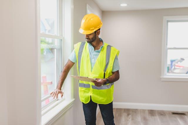 a property inspector wearing a hard hat and safety vest
